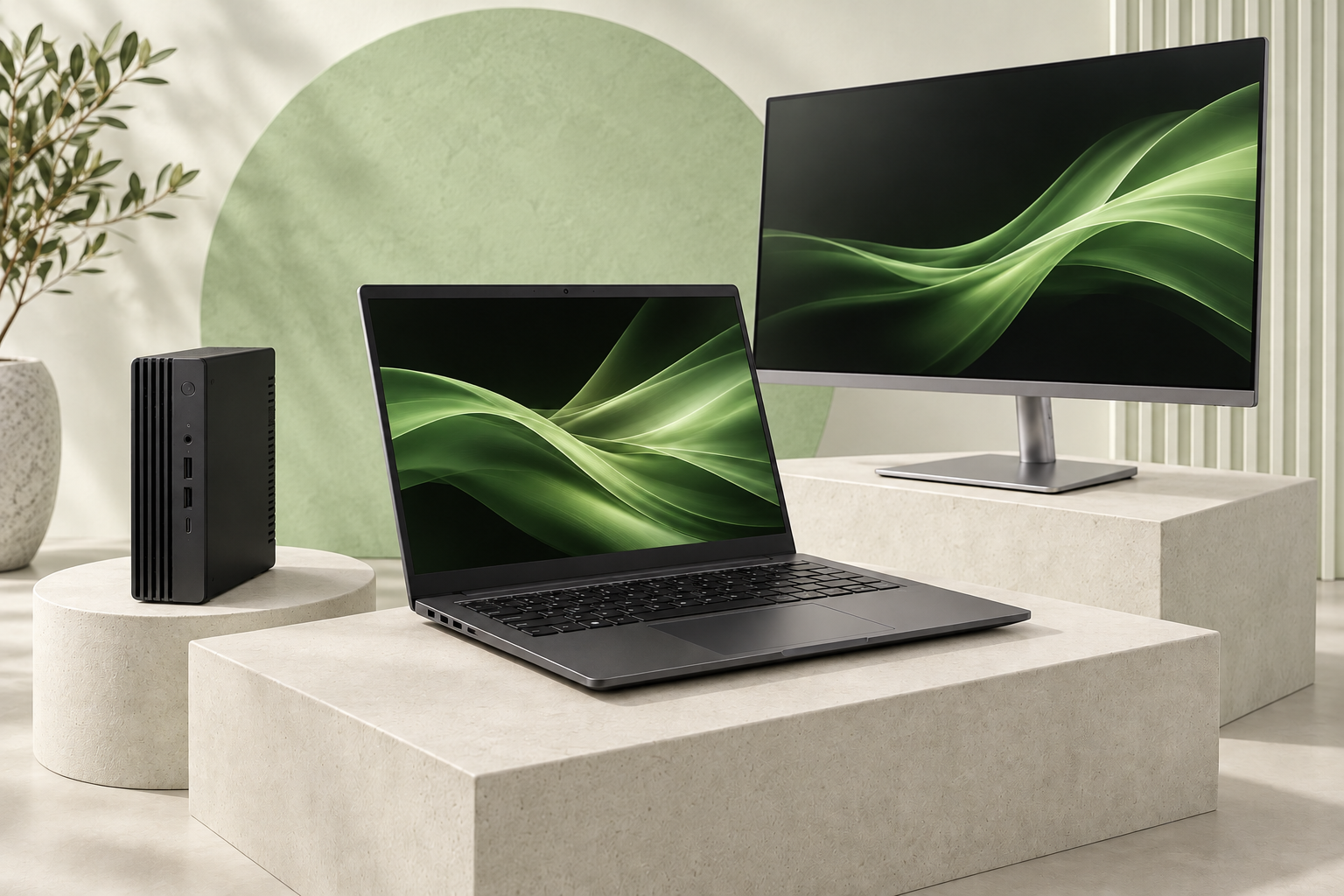 Illustratie van een laptop, compacte desktop en monitor in de groene Komodo-huisstijl